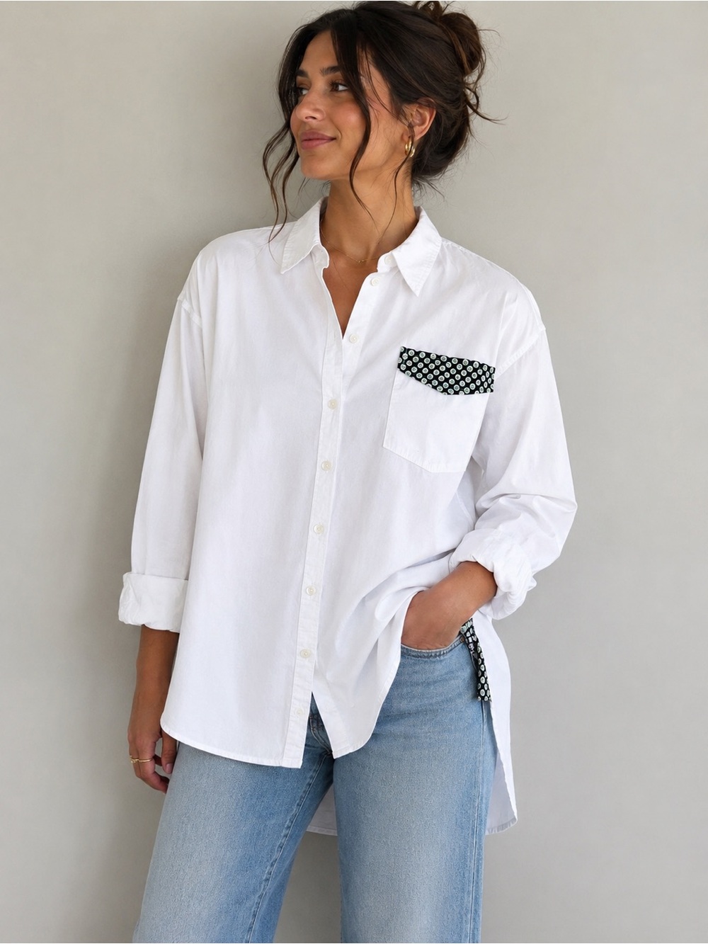 Maeve Anthropologie White Cotton Button Down Shirt L Oversized Pocket